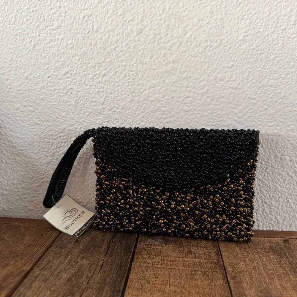 NEW Black Gold Beaded Embellished Evening Clutch Formal Glam Cocktail Wedding